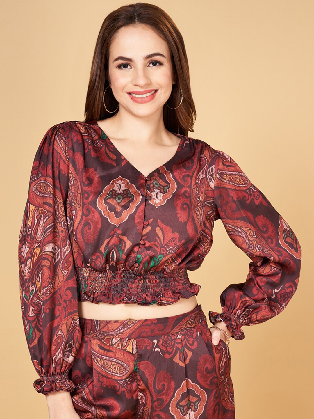 

Honey by Pantaloons Ethnic Motifs Printed Smocked Blouson Crop Top, Brown