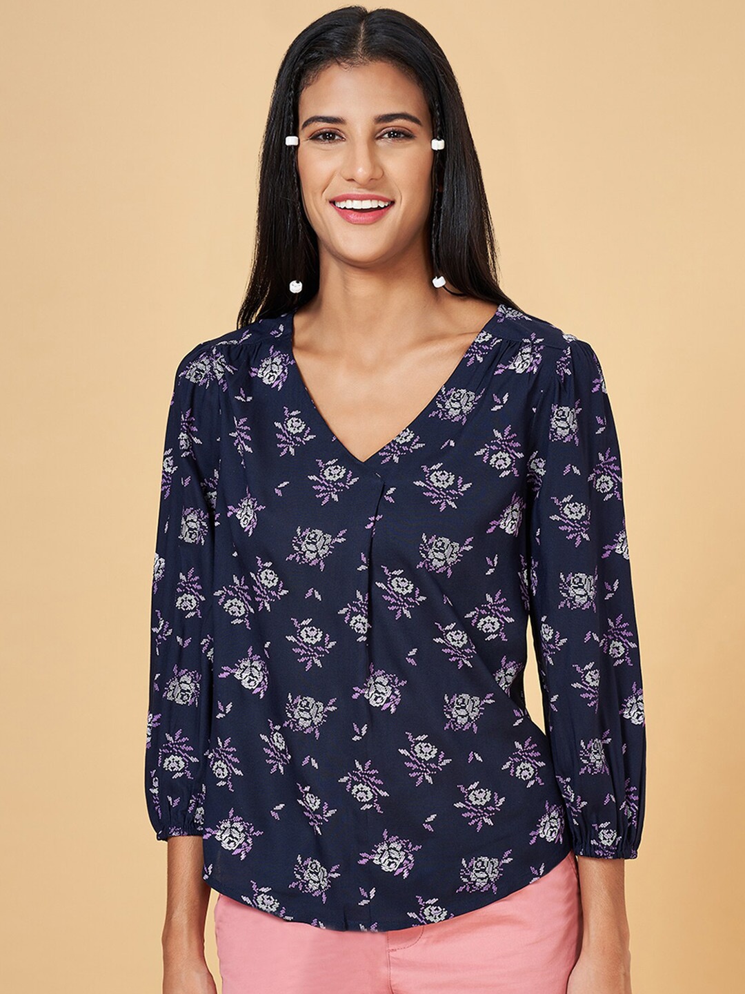 

Honey by Pantaloons Floral Printed Puff Sleeves Top, Navy blue