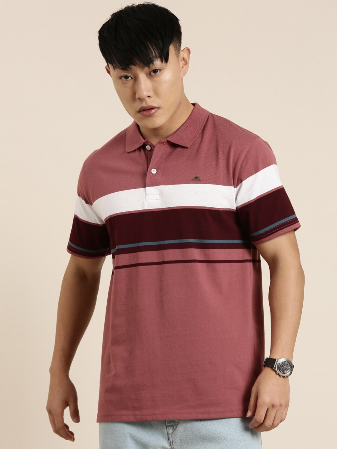 

Metronaut Striped Polo Collar Cotton T-shirt, Maroon