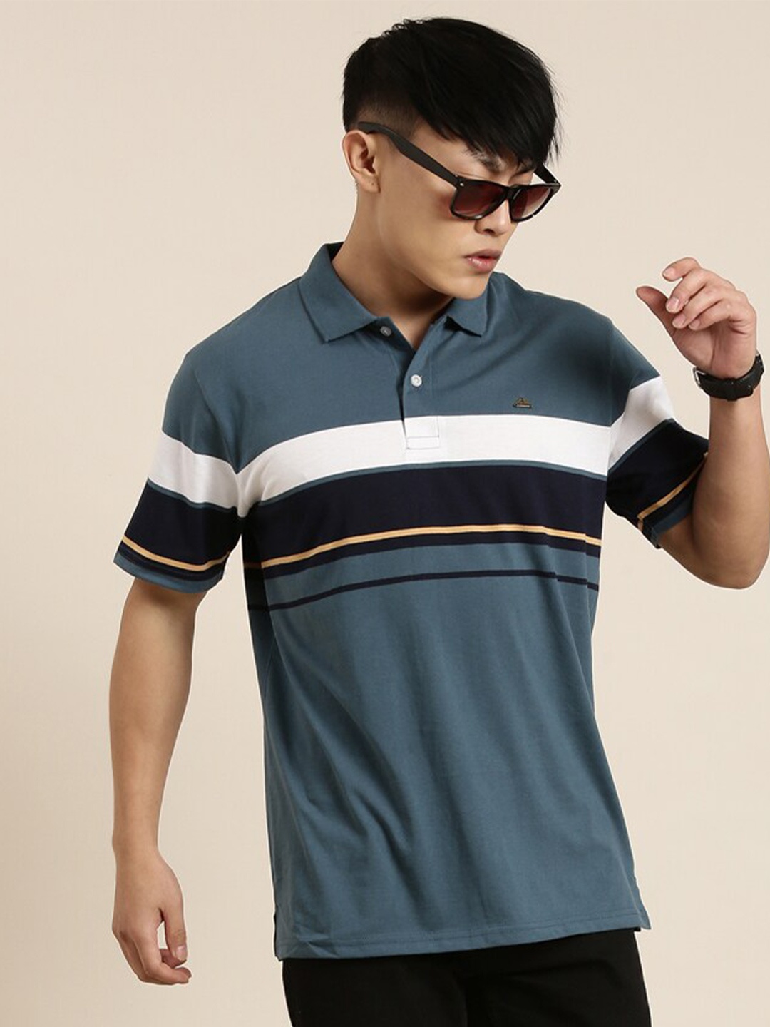 

Metronaut Striped Polo Collar Cotton T-shirt, Blue