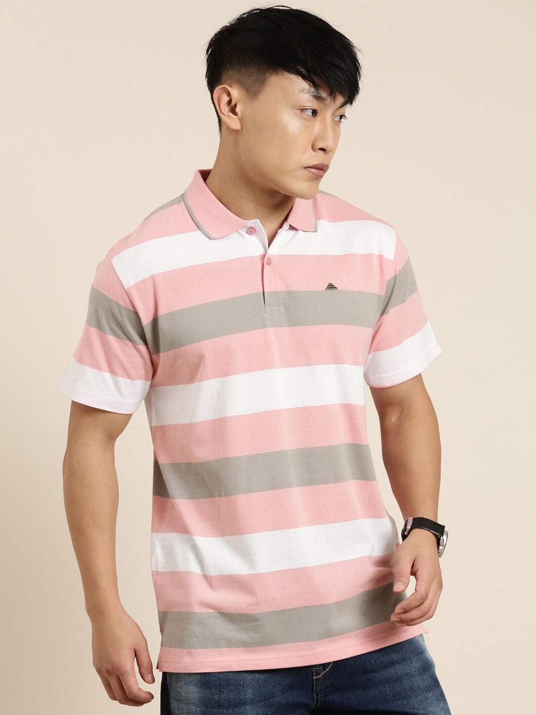 

Metronaut Striped Polo Collar Cotton T-shirt, Pink