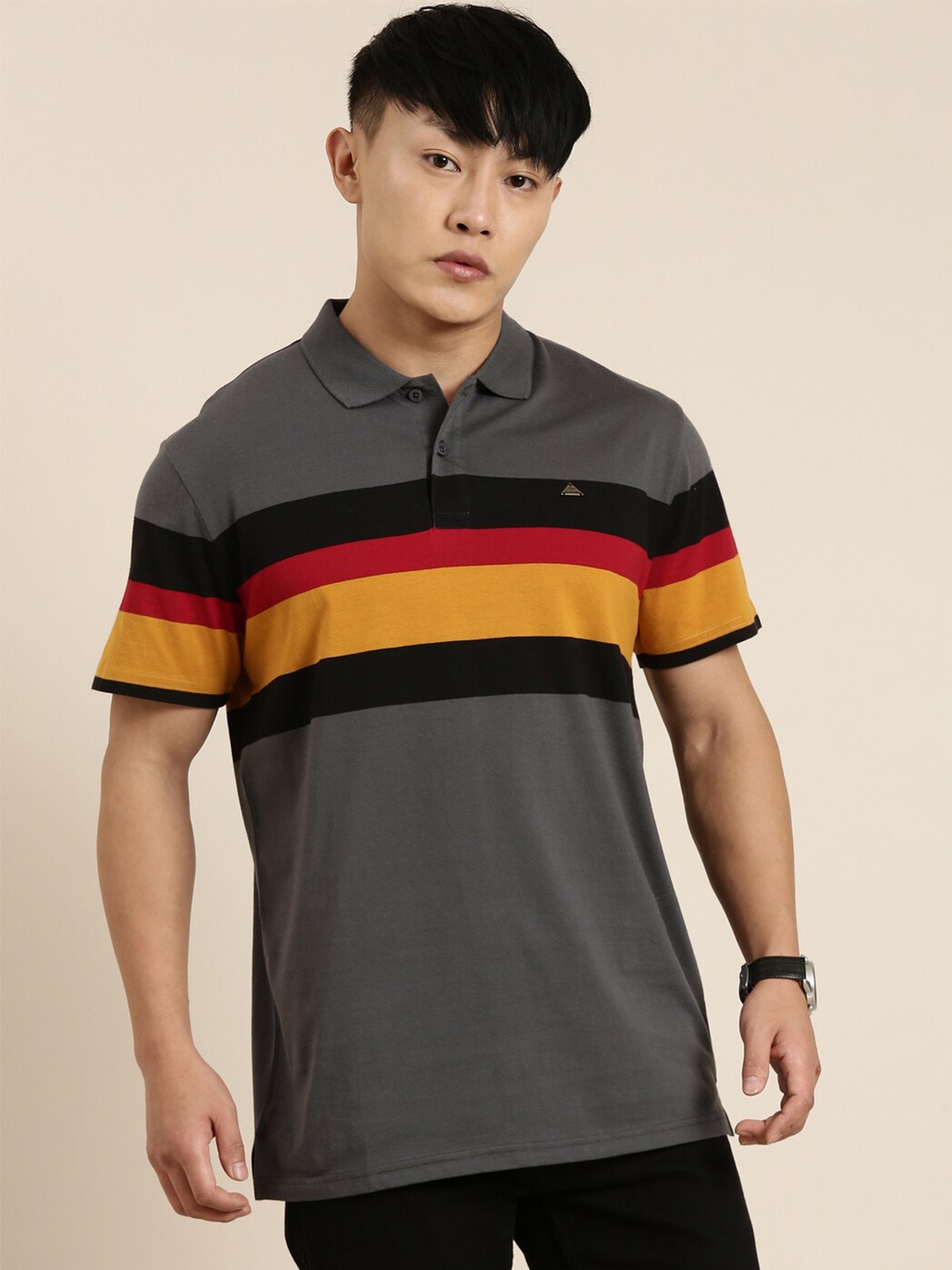 

Metronaut Striped Polo Collar Cotton T-shirt, Grey