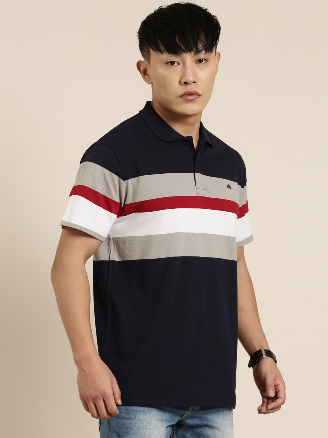 

Metronaut Striped Polo Collar Cotton T-shirt, Navy blue