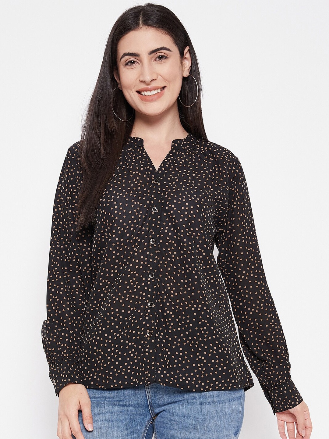 

Ruhaans Polka Dots Printed Georgette Shirt Style Top, Black