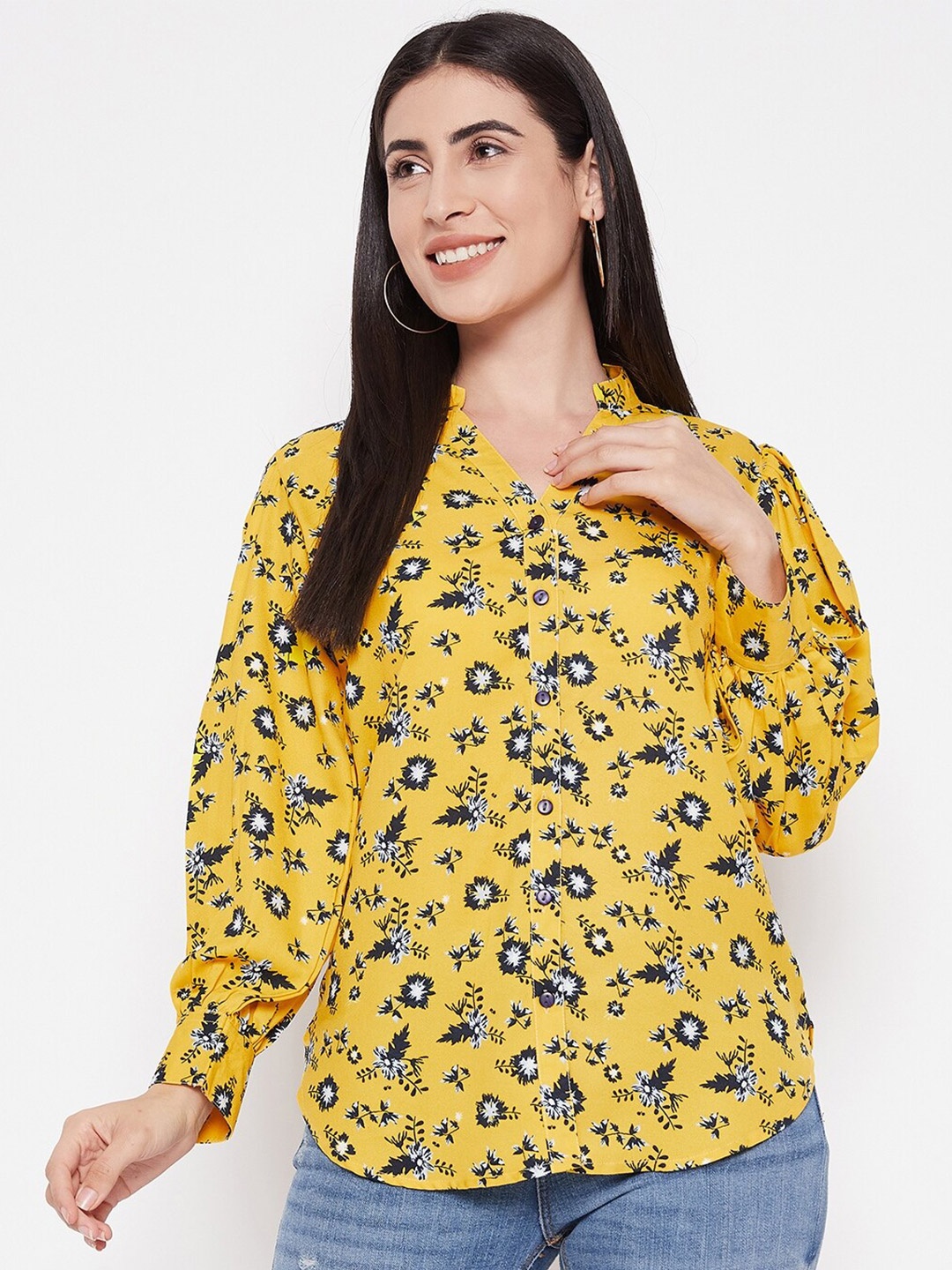 

Ruhaans Floral Printed Mandarin Collar Cuffed Sleeves Georgette Shirt Style Top, Yellow