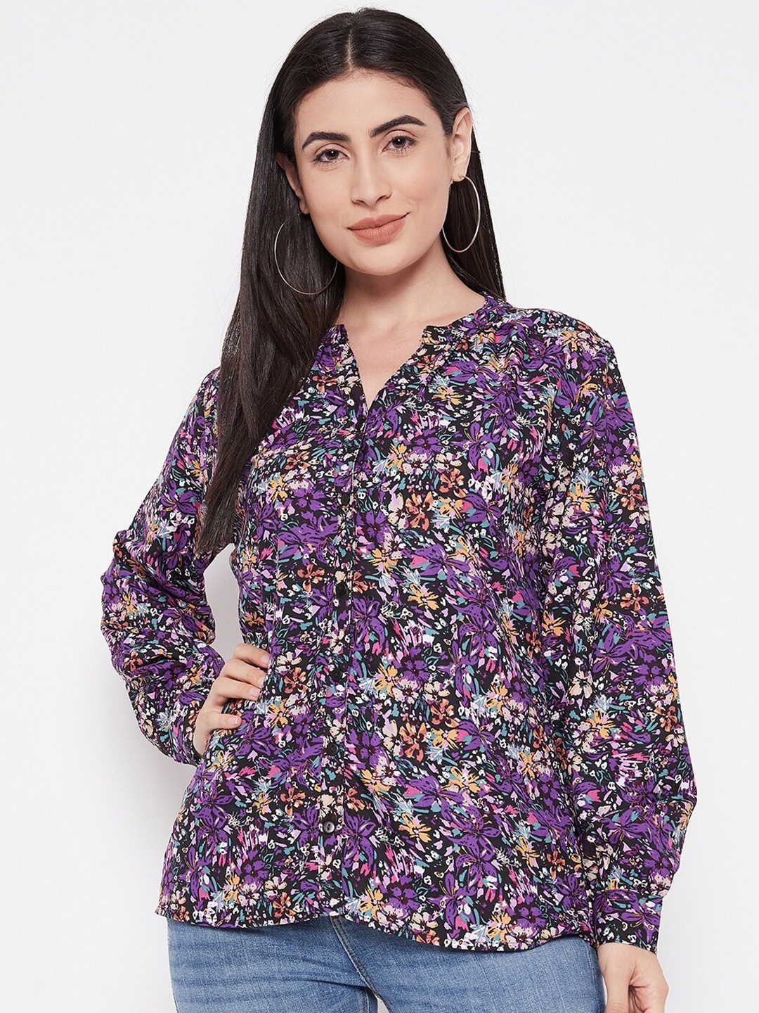 

Ruhaans Floral Printed Mandarin Collar Cuffed Sleeves Georgette Shirt Style Top, Purple