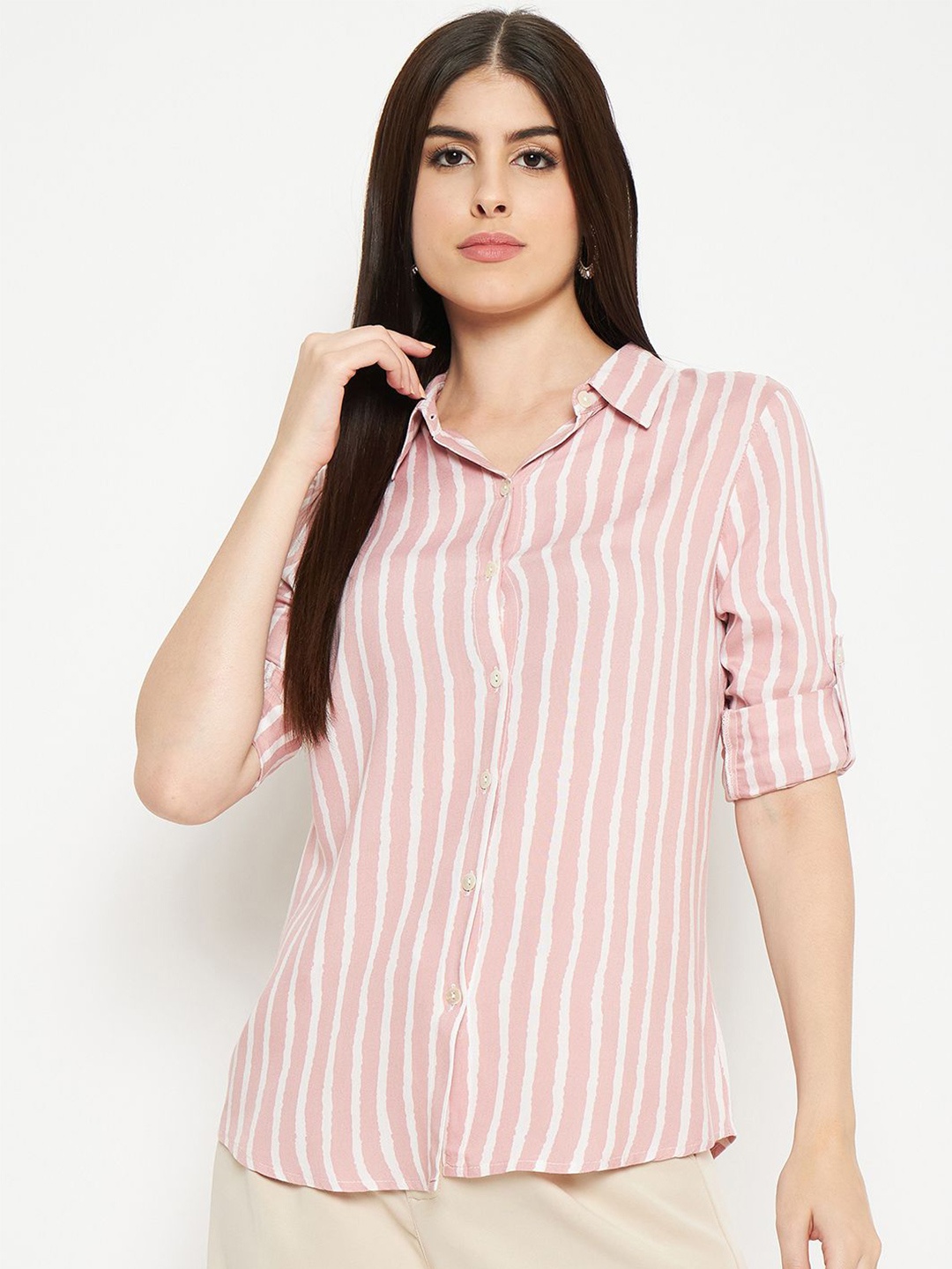 

Ruhaans Striped Classic Casual Shirt, Pink