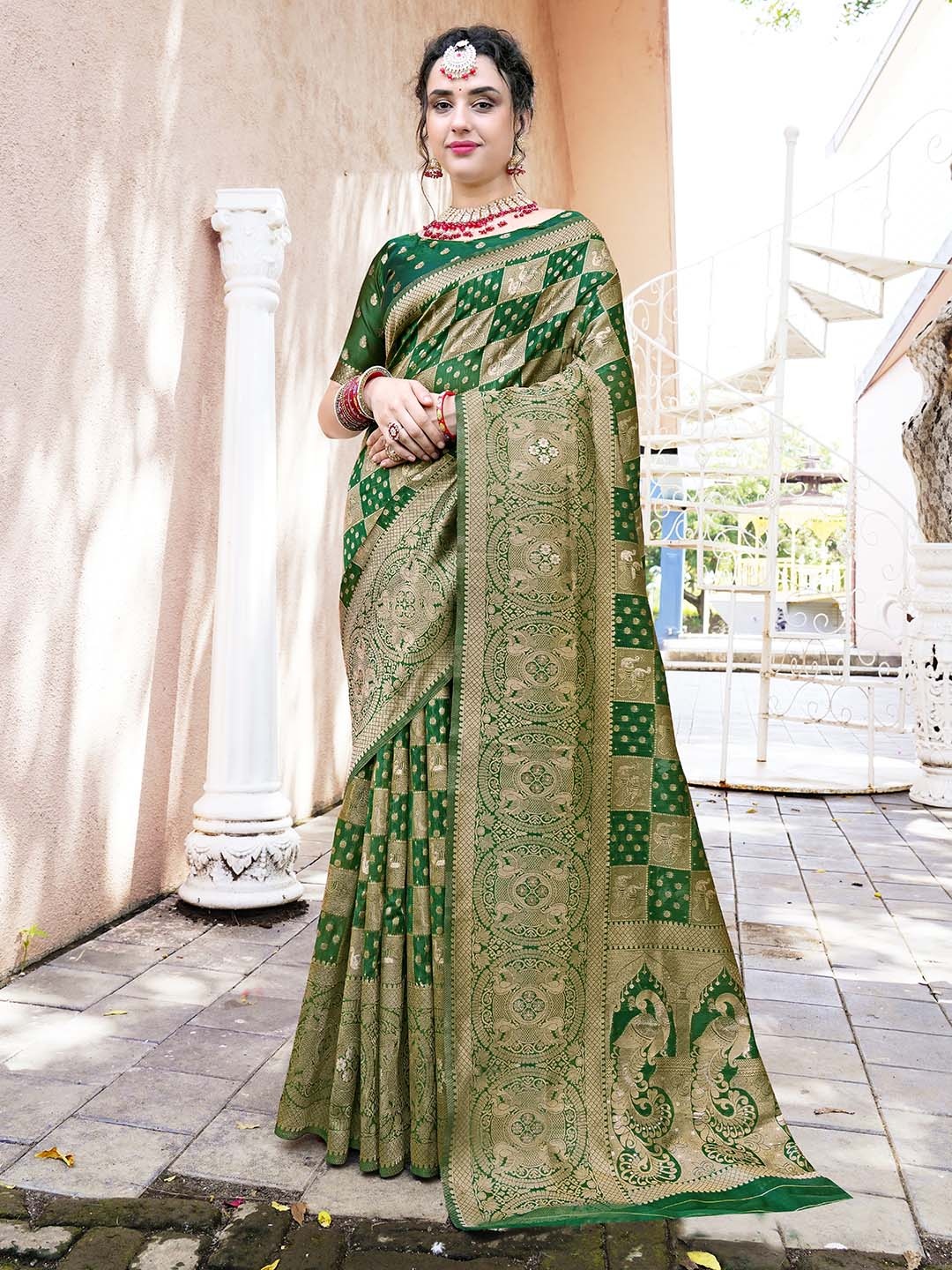 

Anouk Green Ethnic Motifs Woven Design Zari Detailed Organza Saree