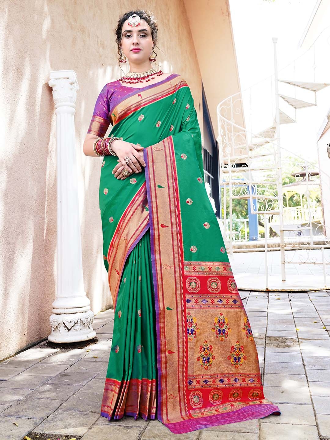 

Anouk Green & Red Ethnic Motifs Woven Design Zari Paithani Saree