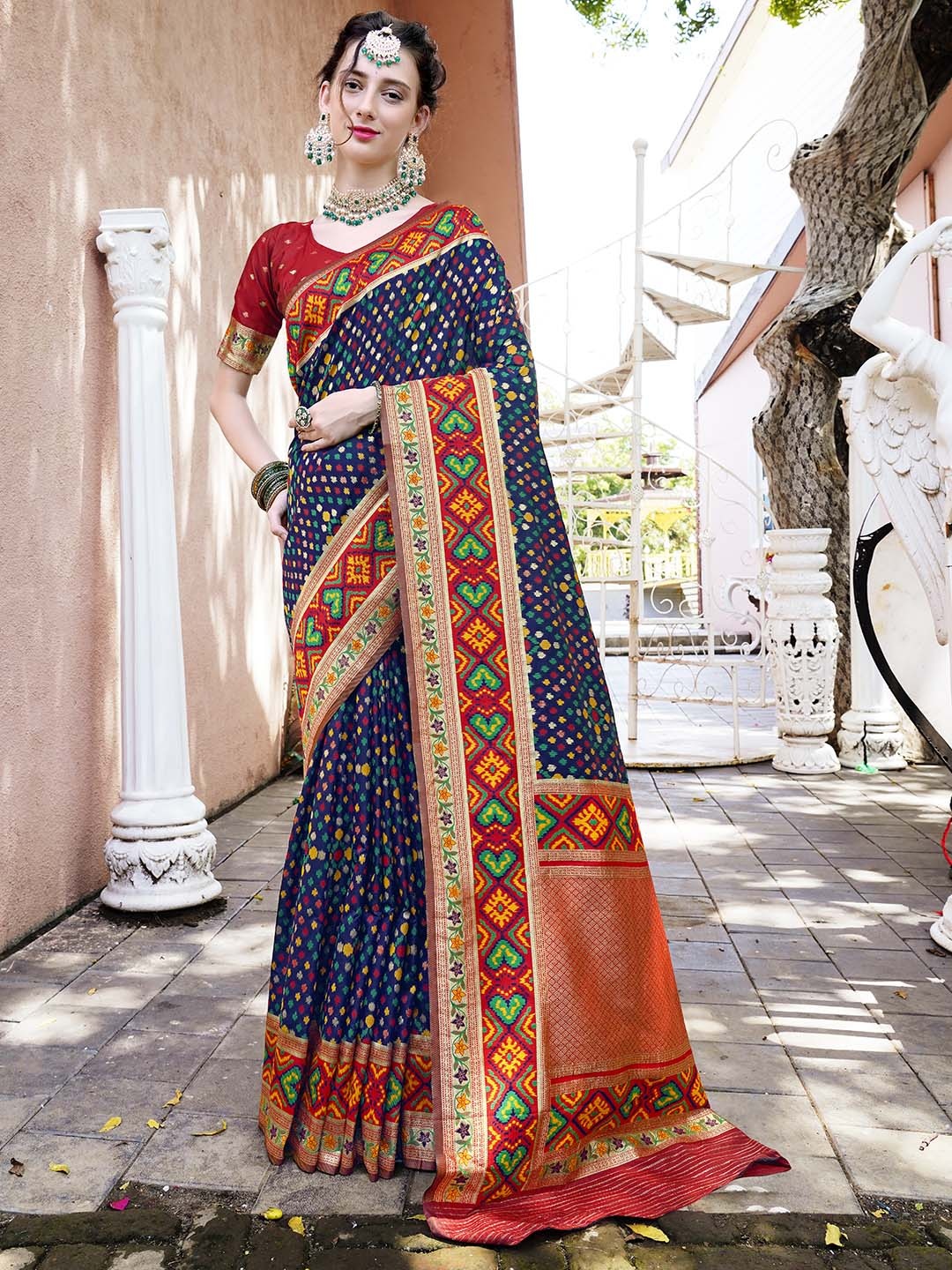

Anouk Blue & Red Ethnic Motifs Woven Design Zari Paithani Saree