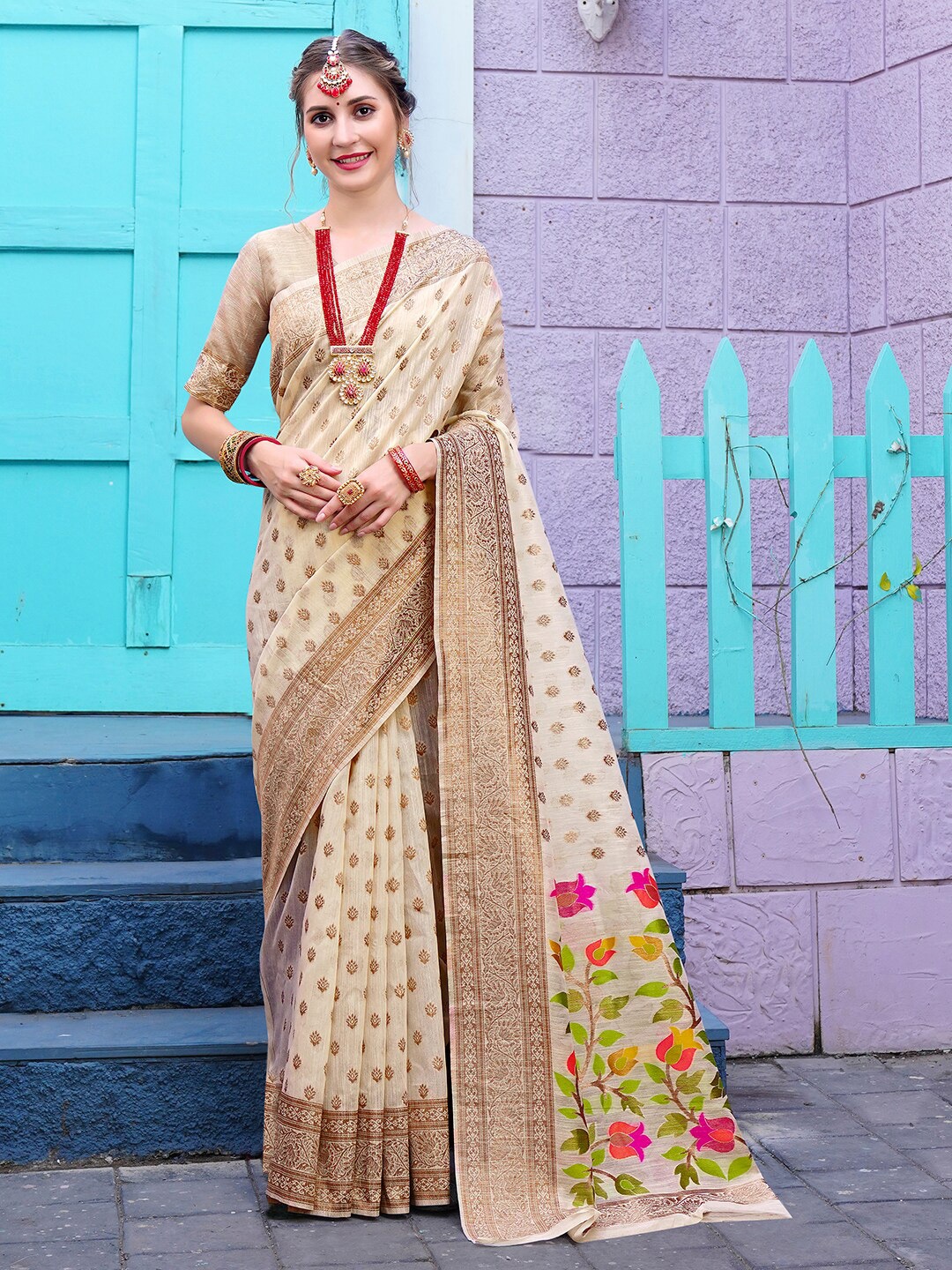 

Anouk Cream-Coloured Ethnic Motifs Woven Design Zari Pure Linen Saree