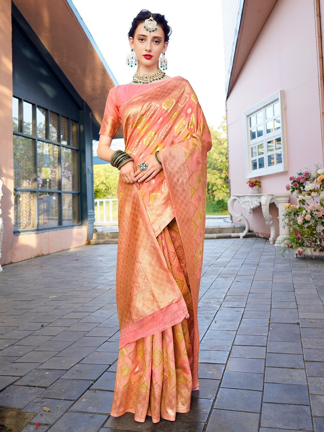 

Anouk Ethnic Motifs Woven Design Zari Pure Linen Saree, Pink