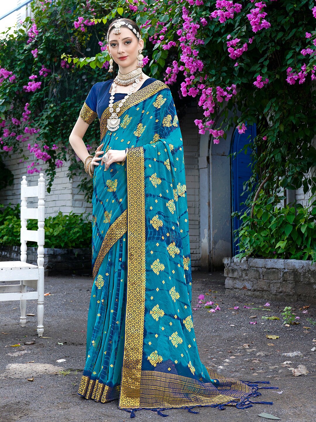 

Anouk Ethnic Motifs Zari Border Nylon Silk Tie and Die Saree, Navy blue