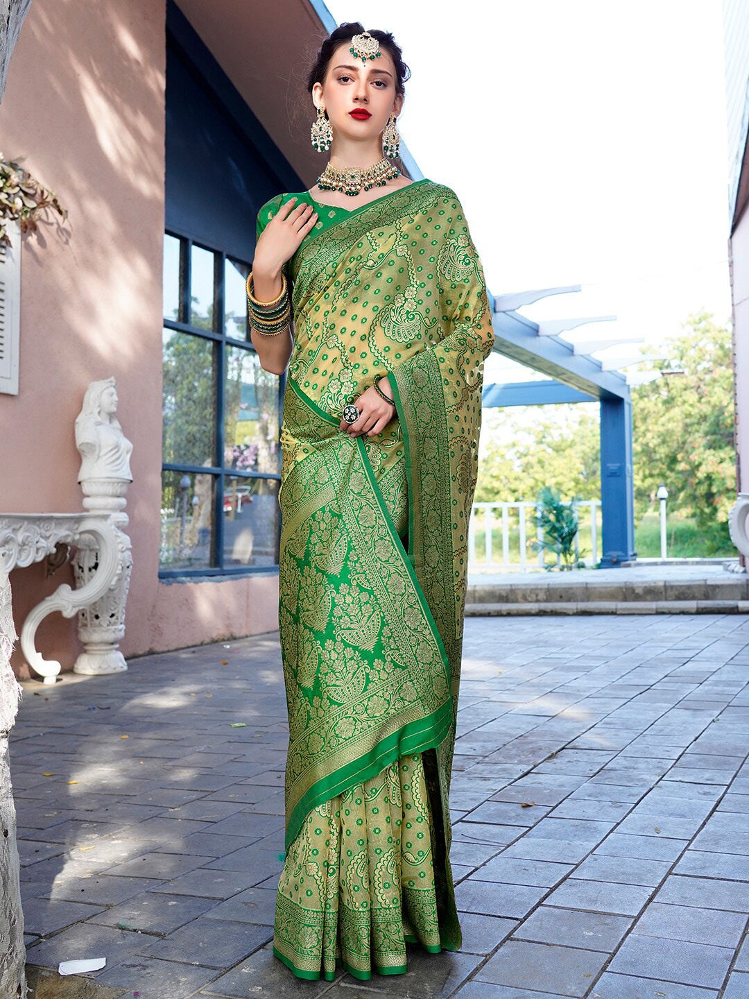 

Anouk Lime Green Ethnic Motifs Woven Design Zari Organza Saree