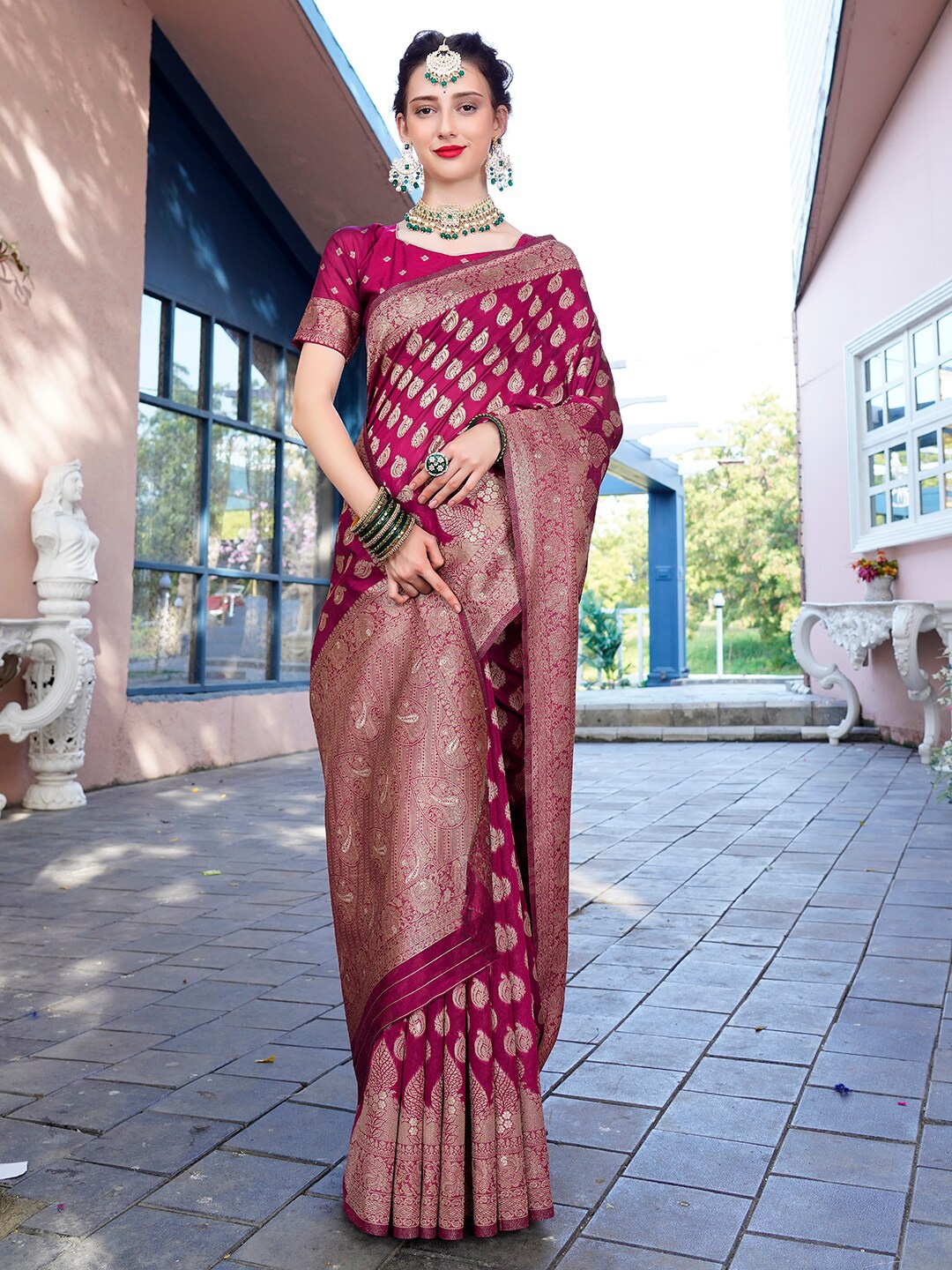 

Anouk Pink & Gold-Toned Ethnic Motifs Woven Design Zari Organza Saree