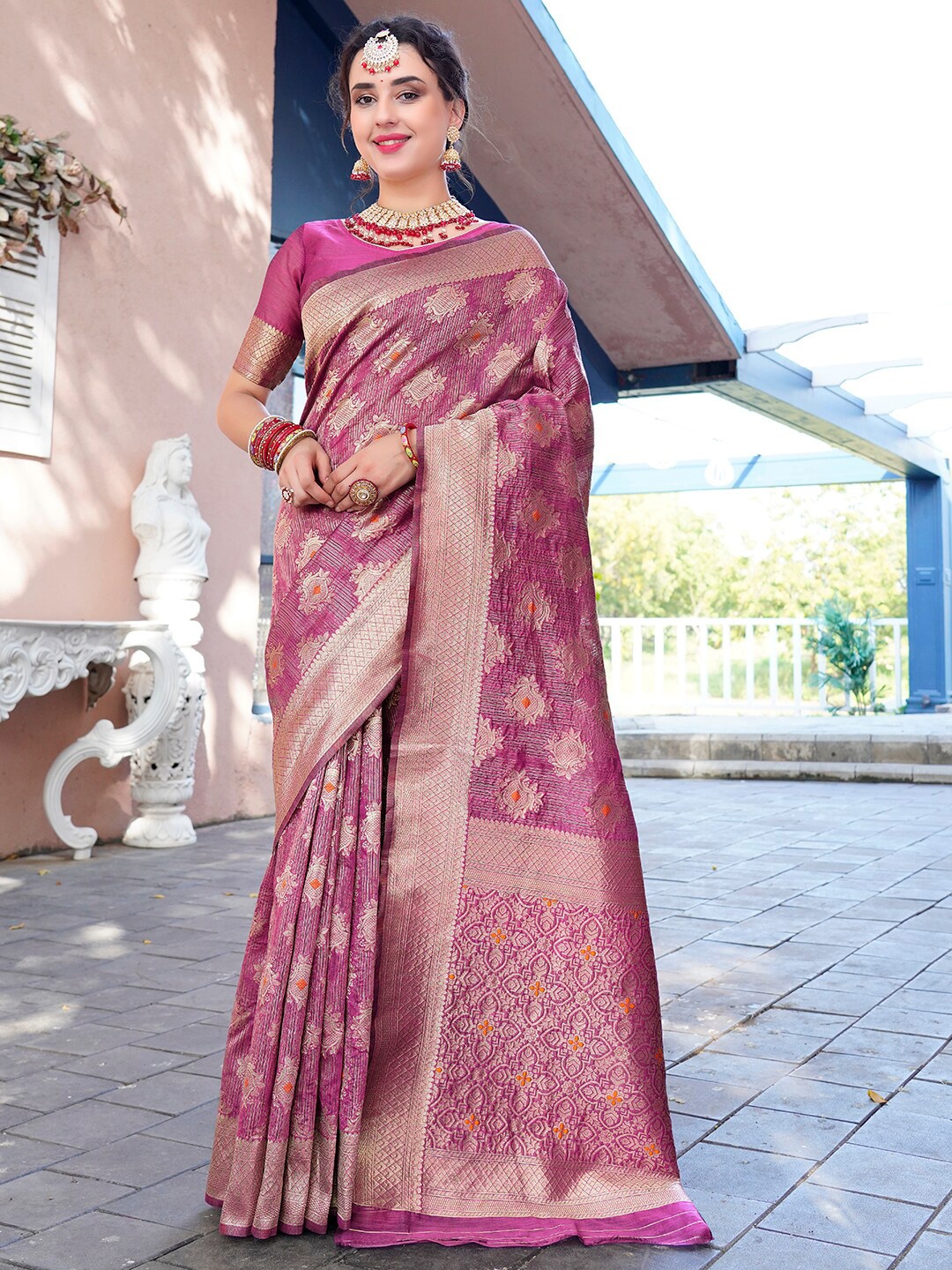 

Anouk Pink Ethnic Motifs Woven Design Zari Organza Saree