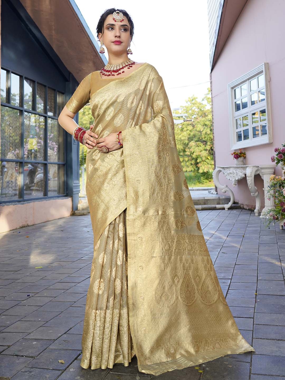 

Anouk Ethnic Motifs Woven Design Zari Detailed Organza Saree, Cream