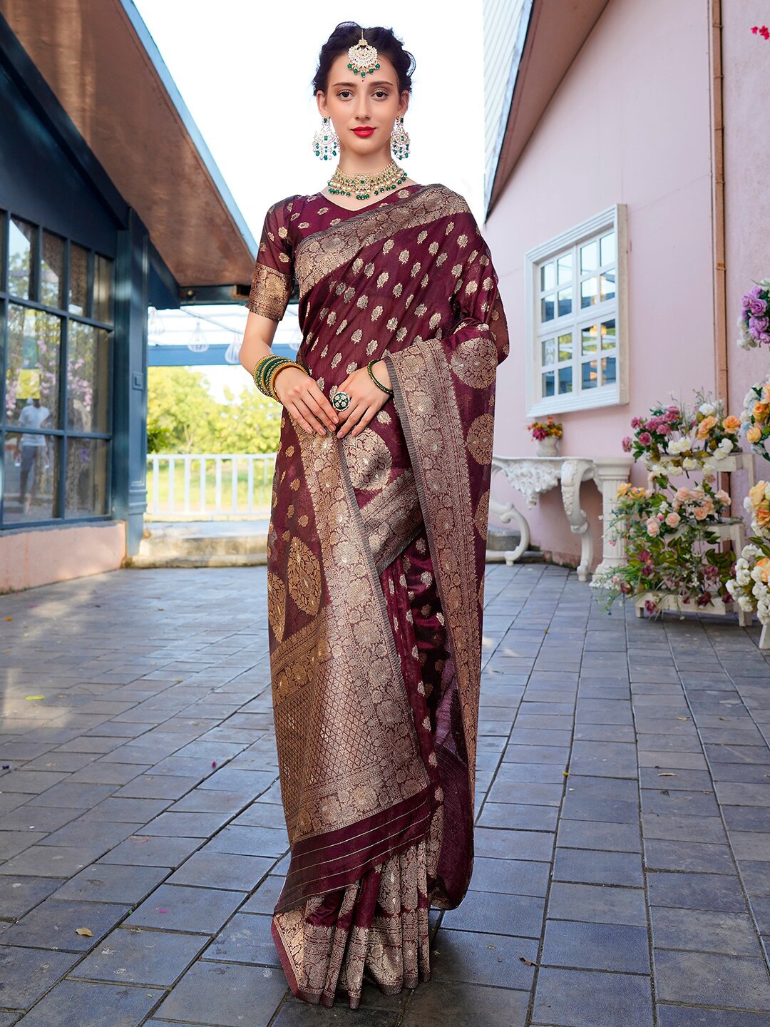 

Anouk Maroon Ethnic Motifs Woven Design Zari Organza Saree