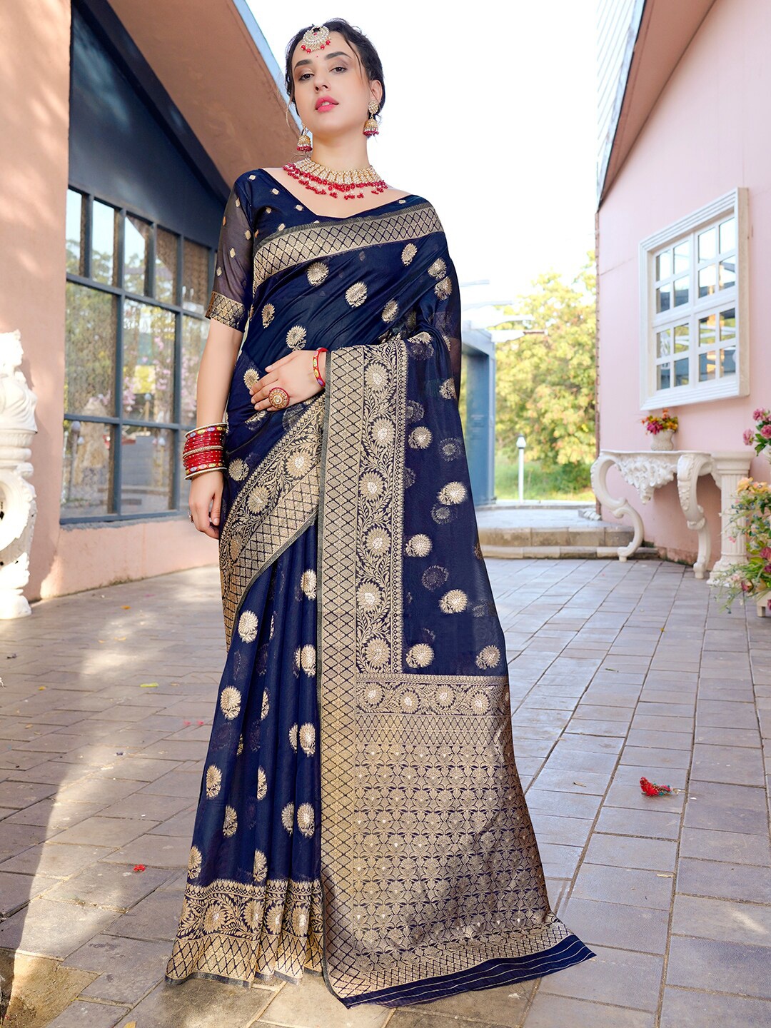 

Anouk Ethnic Motifs Woven Design Zari Detailed Organza Saree, Navy blue