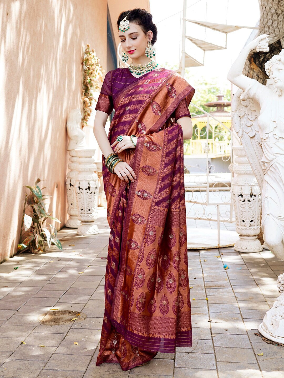 

Anouk Maroon & Copper-Toned Ethnic Motifs Woven Design Zari Organza Saree