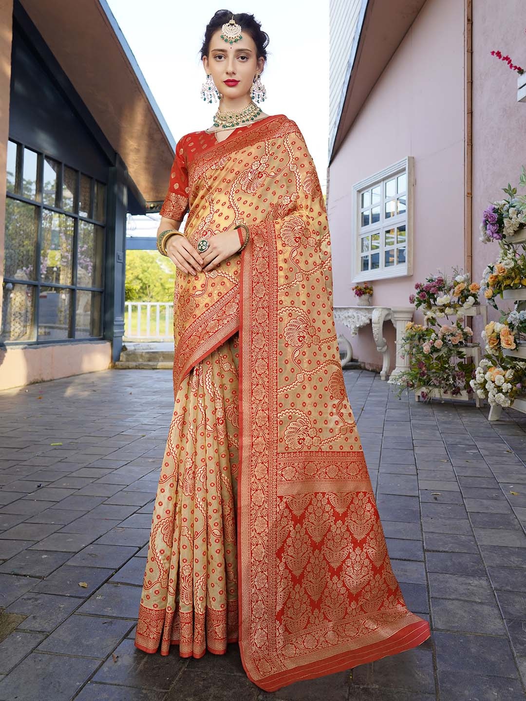 

Anouk Orange & Gold-Toned Ethnic Motifs Woven Design Zari Organza Saree