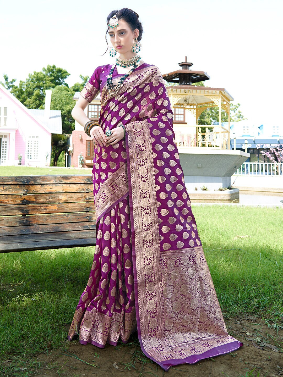 

Anouk Purple Ethnic Motifs Woven Design Zari Organza Saree