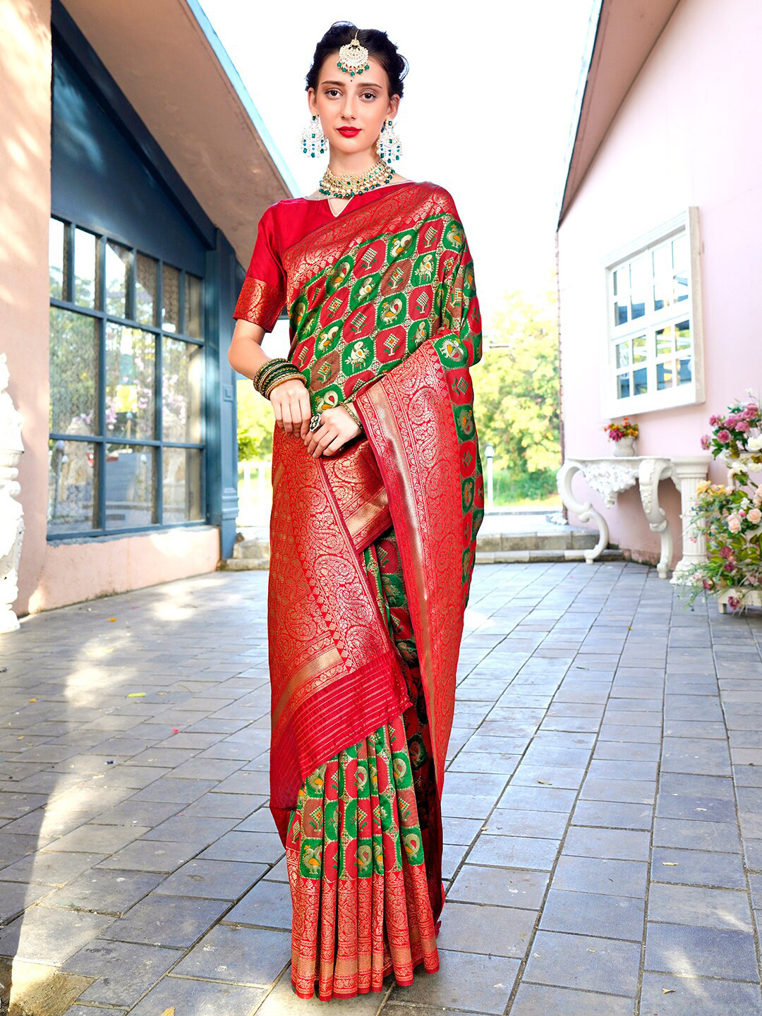 

Anouk Green Ethnic Motifs Woven Design Zari Detailed Kanjeevaram Saree