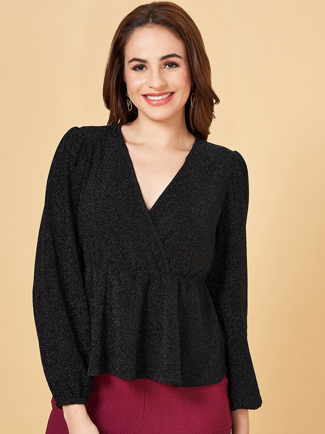 

People V-Neck Puff Sleeves Peplum Top, Black