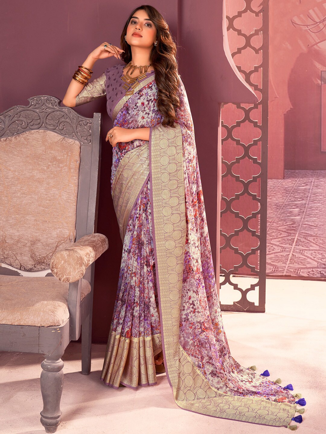 

Anouk Mauve Floral Printed Zari Detailed Pure Georgette Saree