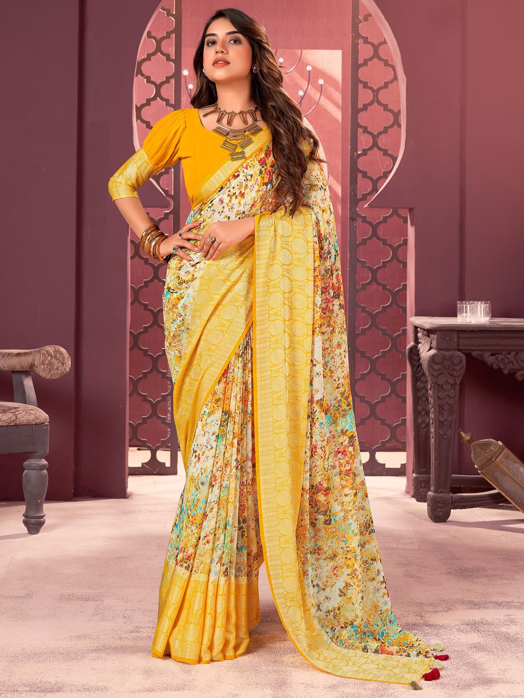 

Anouk Yellow & White Abstract Printed Zari Pure Georgette Saree
