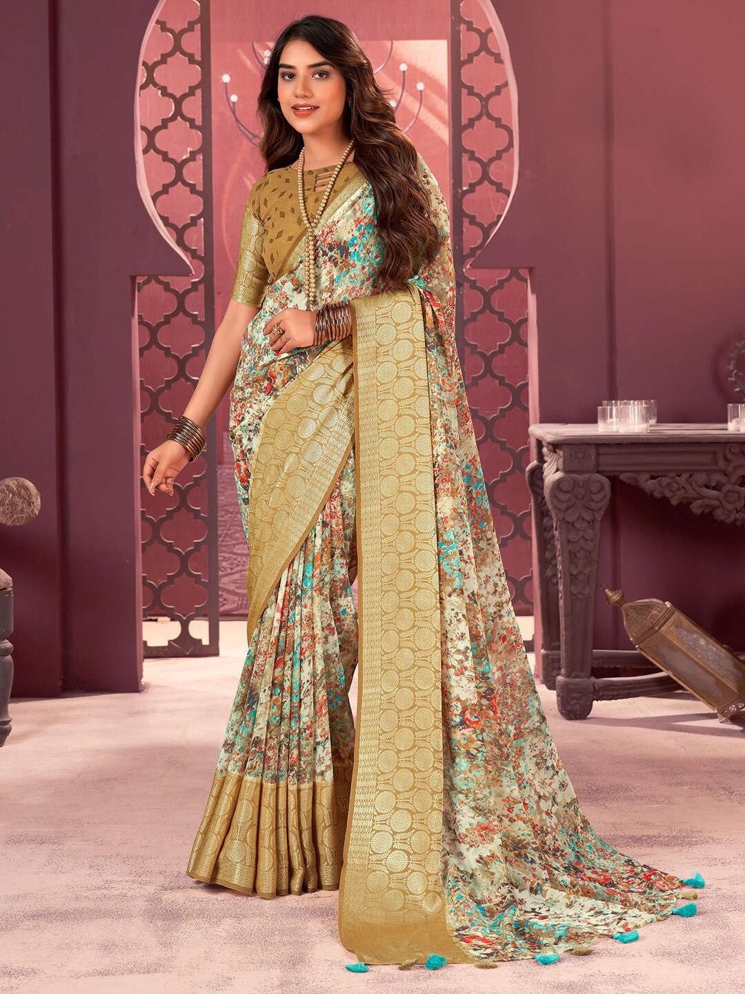 

Anouk Brown & Blue Abstract Printed Zari Pure Georgette Sungudi Saree