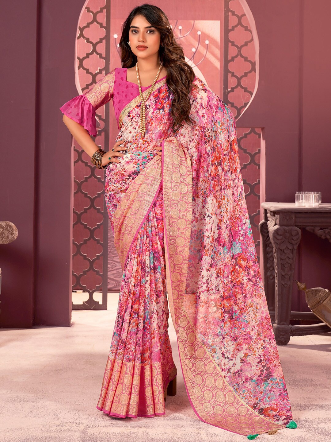 

Anouk Pink & Gold-Toned Floral Printed Zari Pure Georgette Sungudi Saree