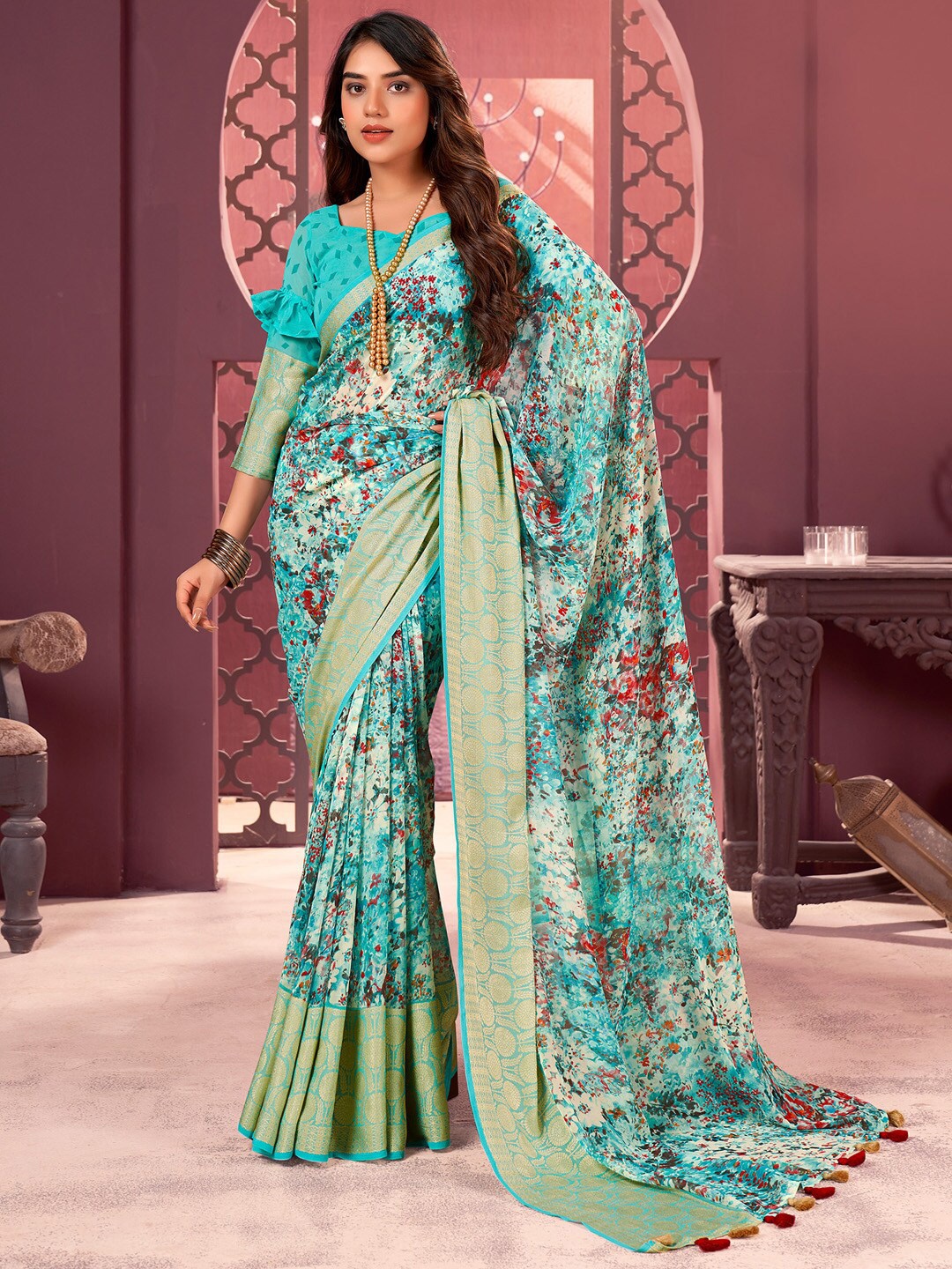 

Anouk Blue & Red Floral Printed Zari Pure Georgette Saree