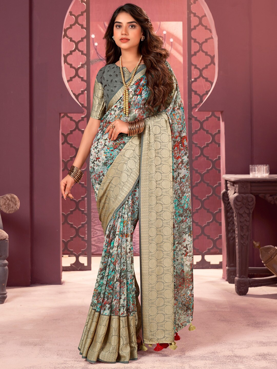 

Anouk Grey Floral Printed Zari Detailed Pure Georgette Saree