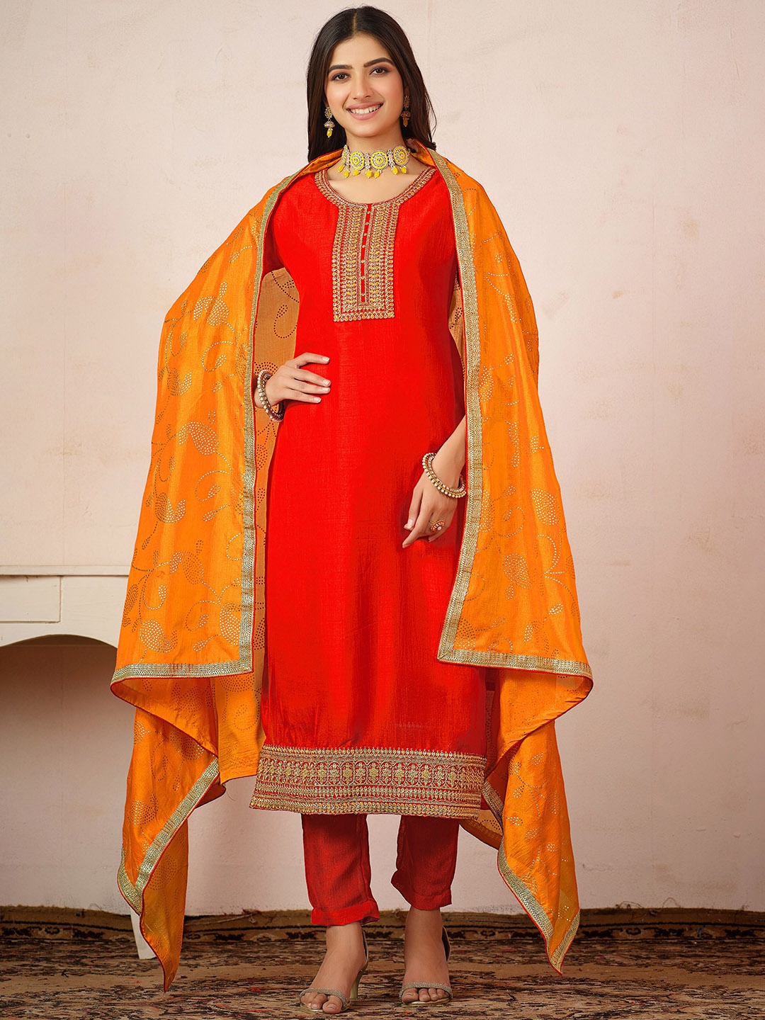 

Sangria Red Ethnic Motifs Sequinned Embroidered Kurta & Trousers With Dupatta