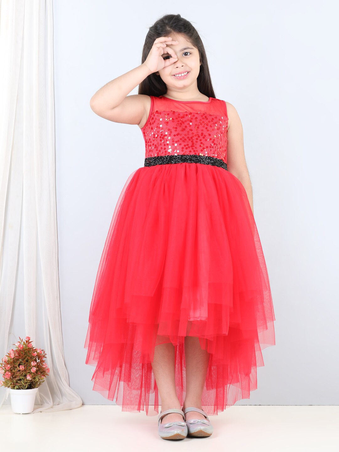 

Toy Balloon kids Girls Embellished Sequined Fit & Flare Maxi Dress, Red