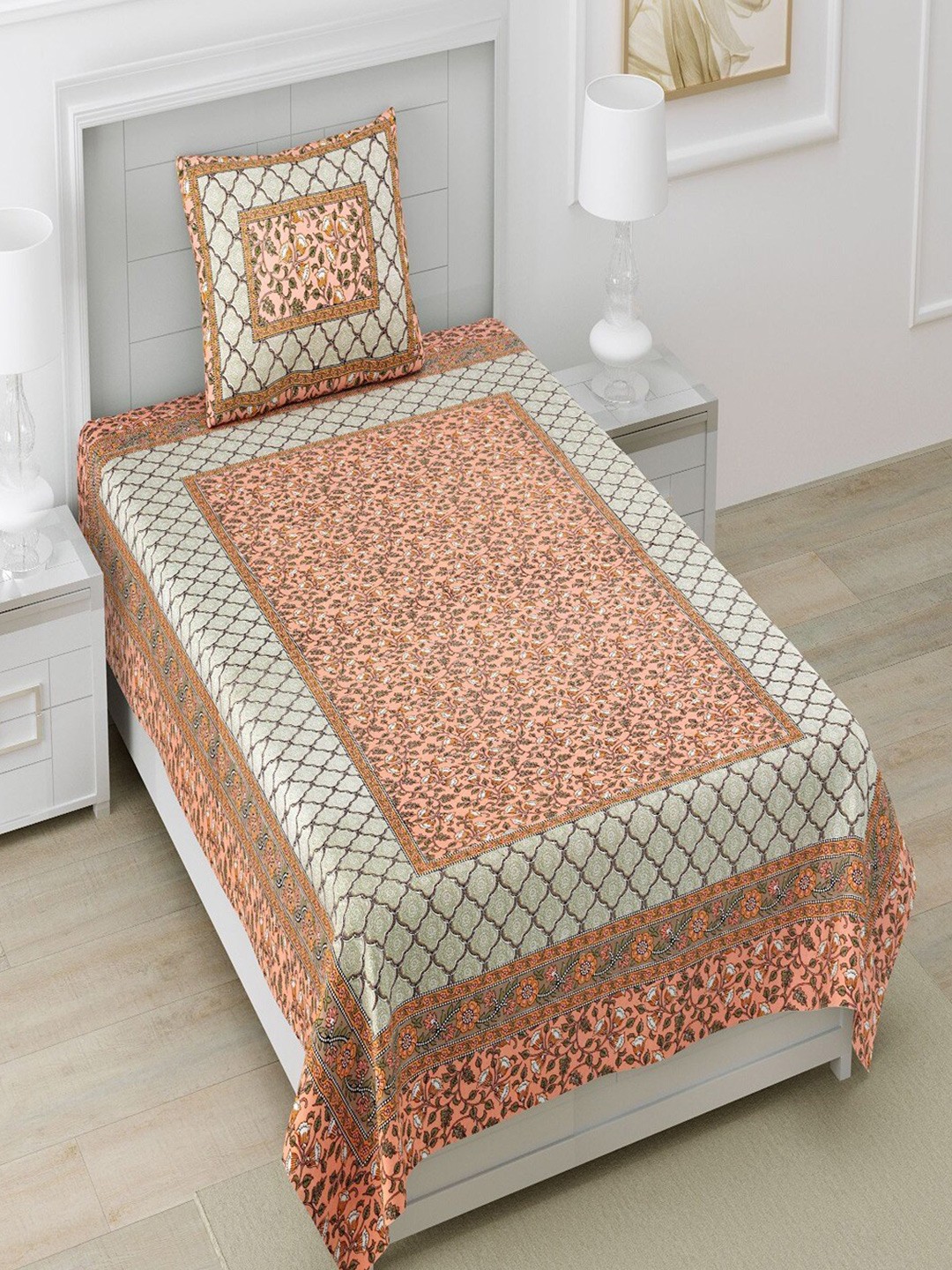 

Bombay Spreads Peach & Grey Floral Cotton 180 TC Single Bedsheet with 1 Pillow Cover