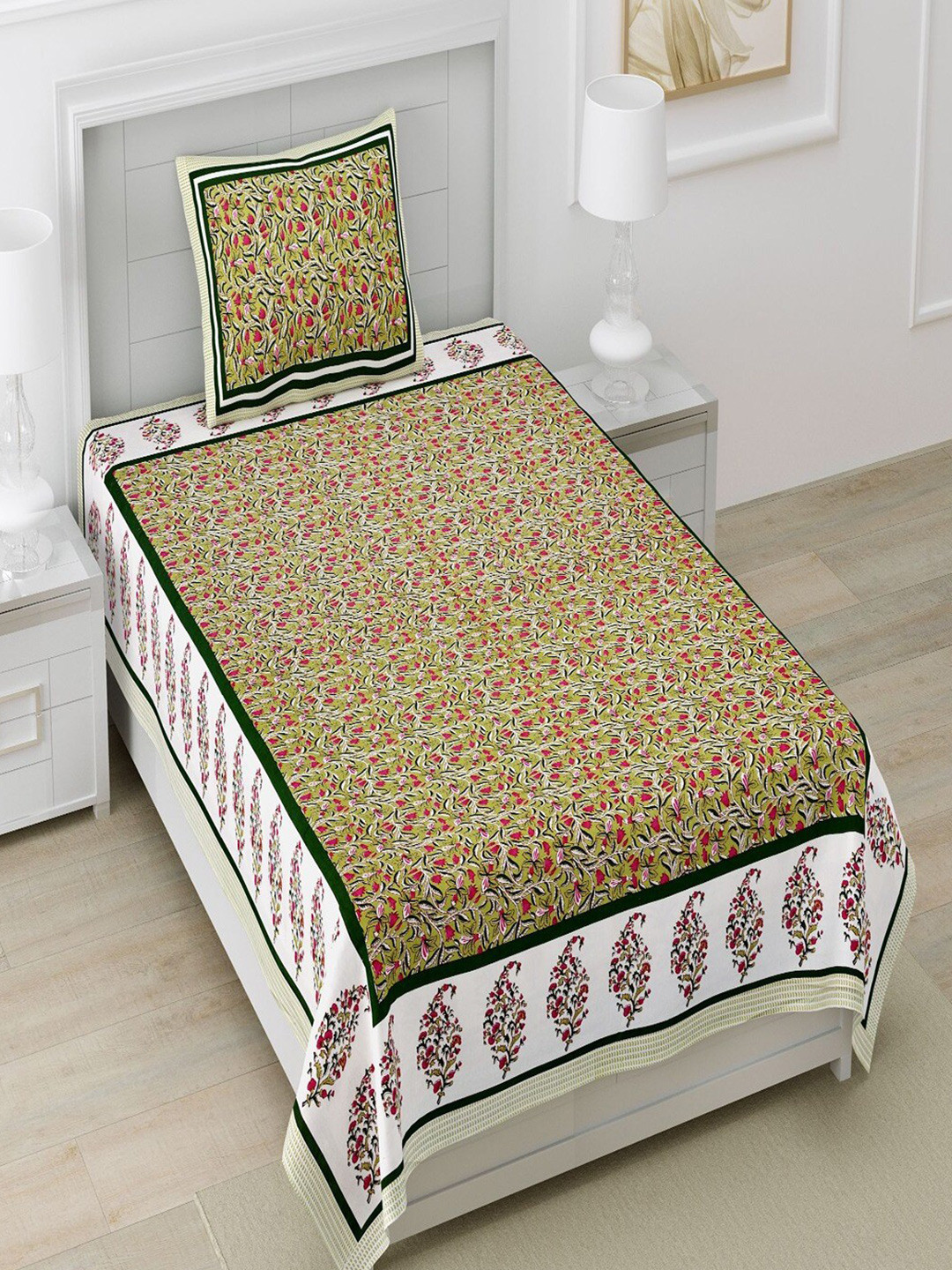 

Bombay Spreads Green & White Floral Cotton 180 TC Single Bedsheet With 1 Pillow Cover
