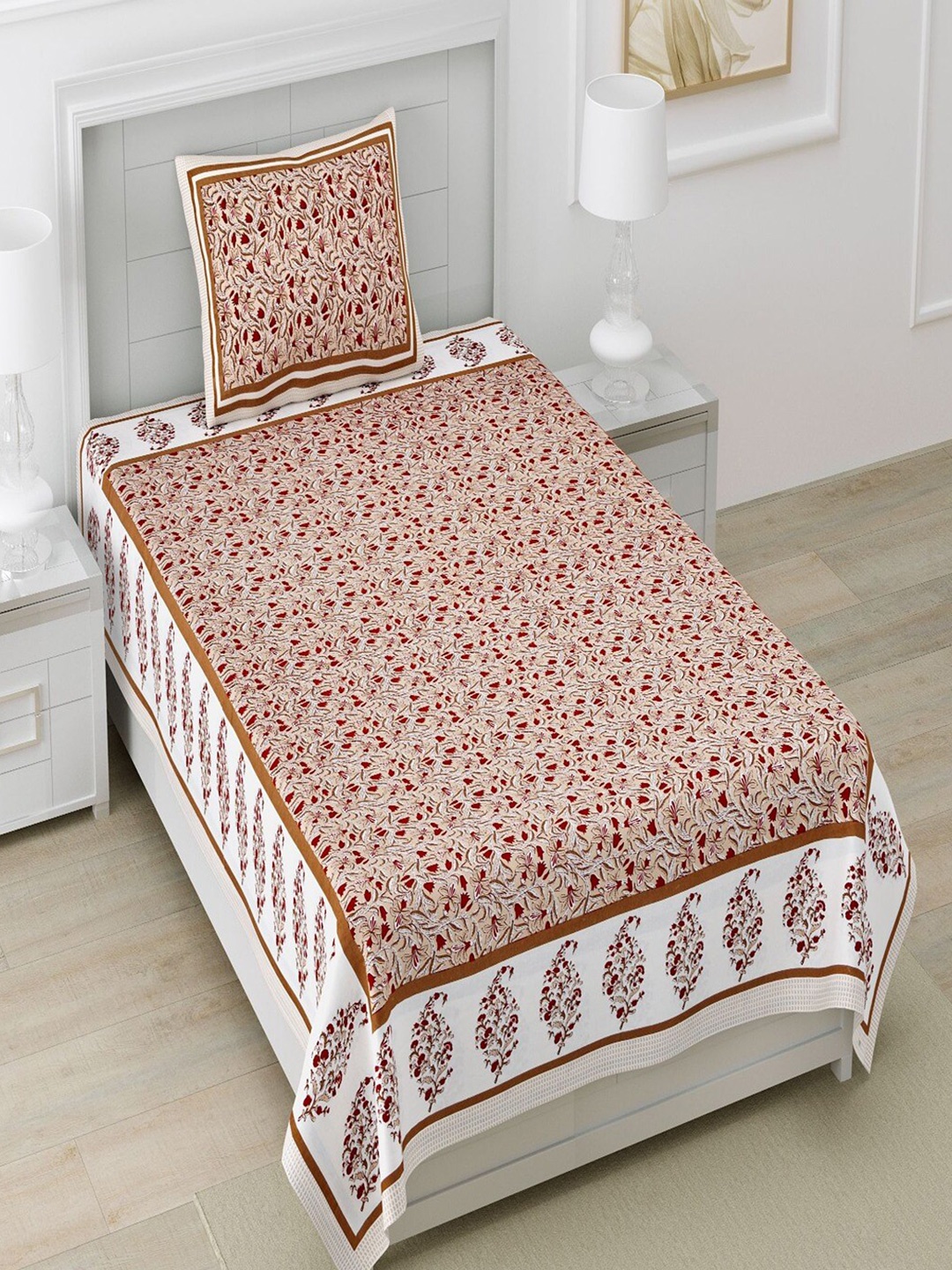 

Bombay Spreads Peach-Coloured & White Cotton 180 TC Single Bedsheet with 1 Pillow Cover