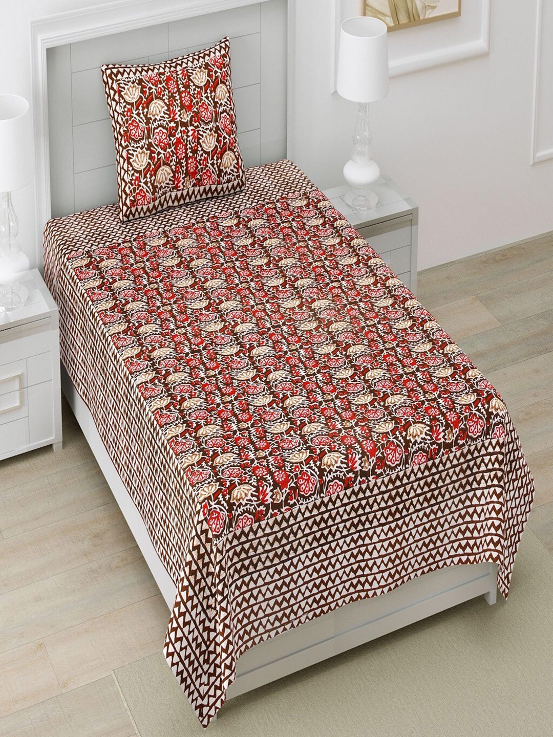 

Bombay Spreads Red & Brown Printed Cotton 180 TC Single Bedsheet with 1 Pillow Cover