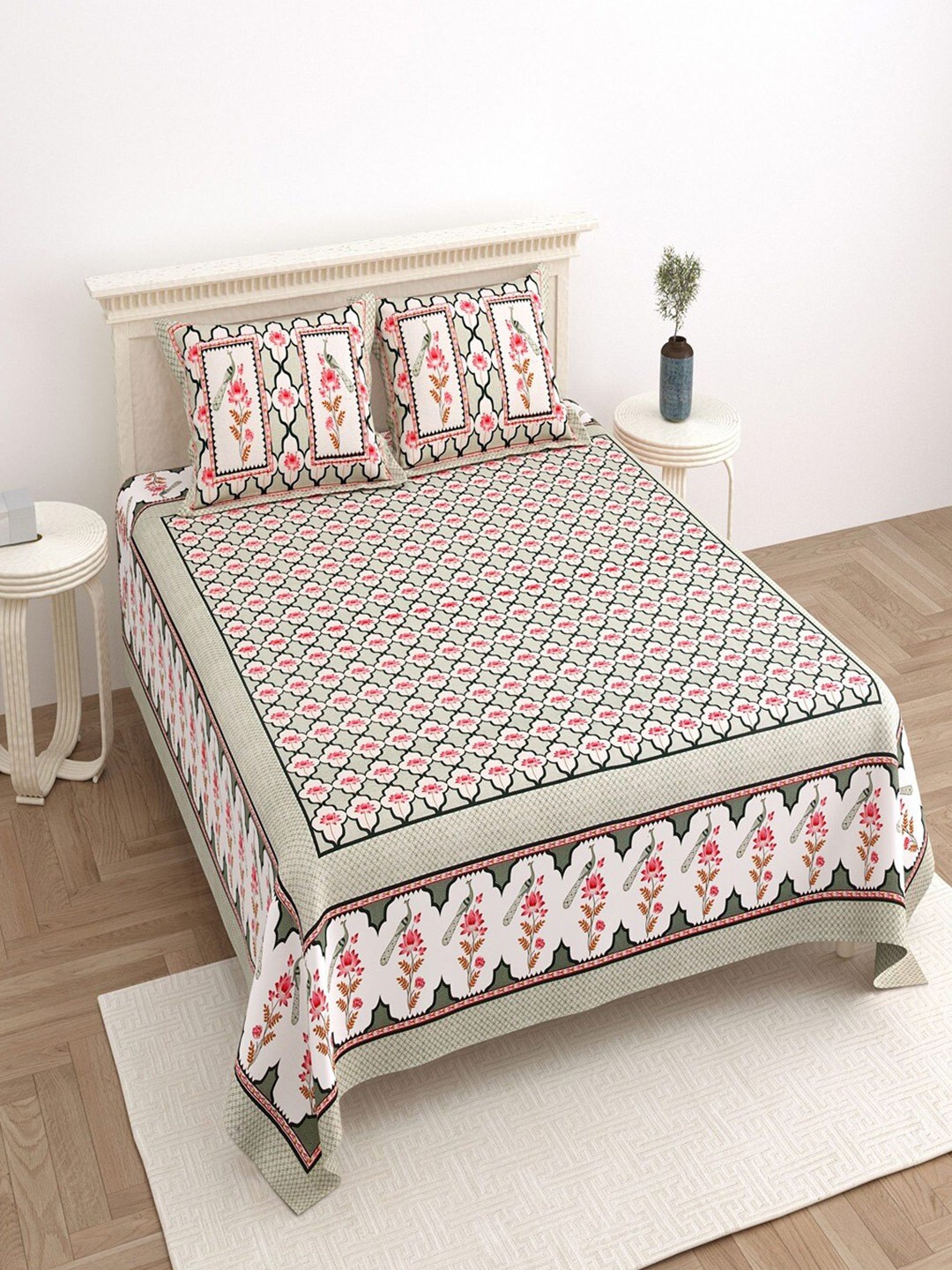 

Bombay Spreads White & Pink Ethnic Motifs Cotton 180 TC King Bedsheet with 2 Pillow Covers
