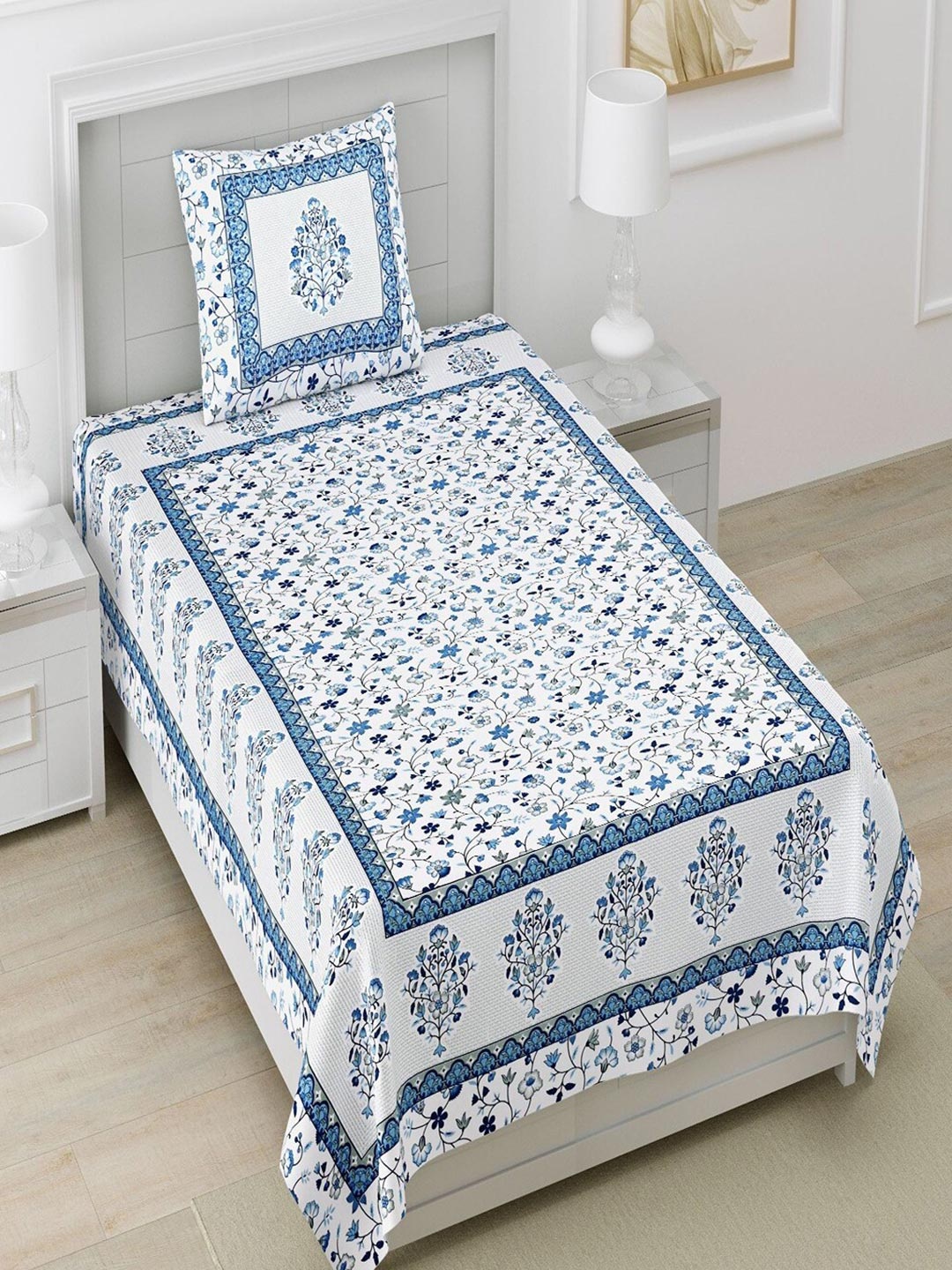 

Bombay Spreads White & Blue Ethnic Motifs Cotton 180 TC Single Bedsheet & 1 Pillow Cover