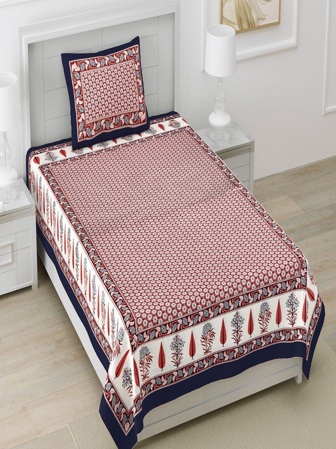 

Bombay Spreads Blue & White Geometric Cotton 180 TC Single Bedsheet with 1 Pillow Cover