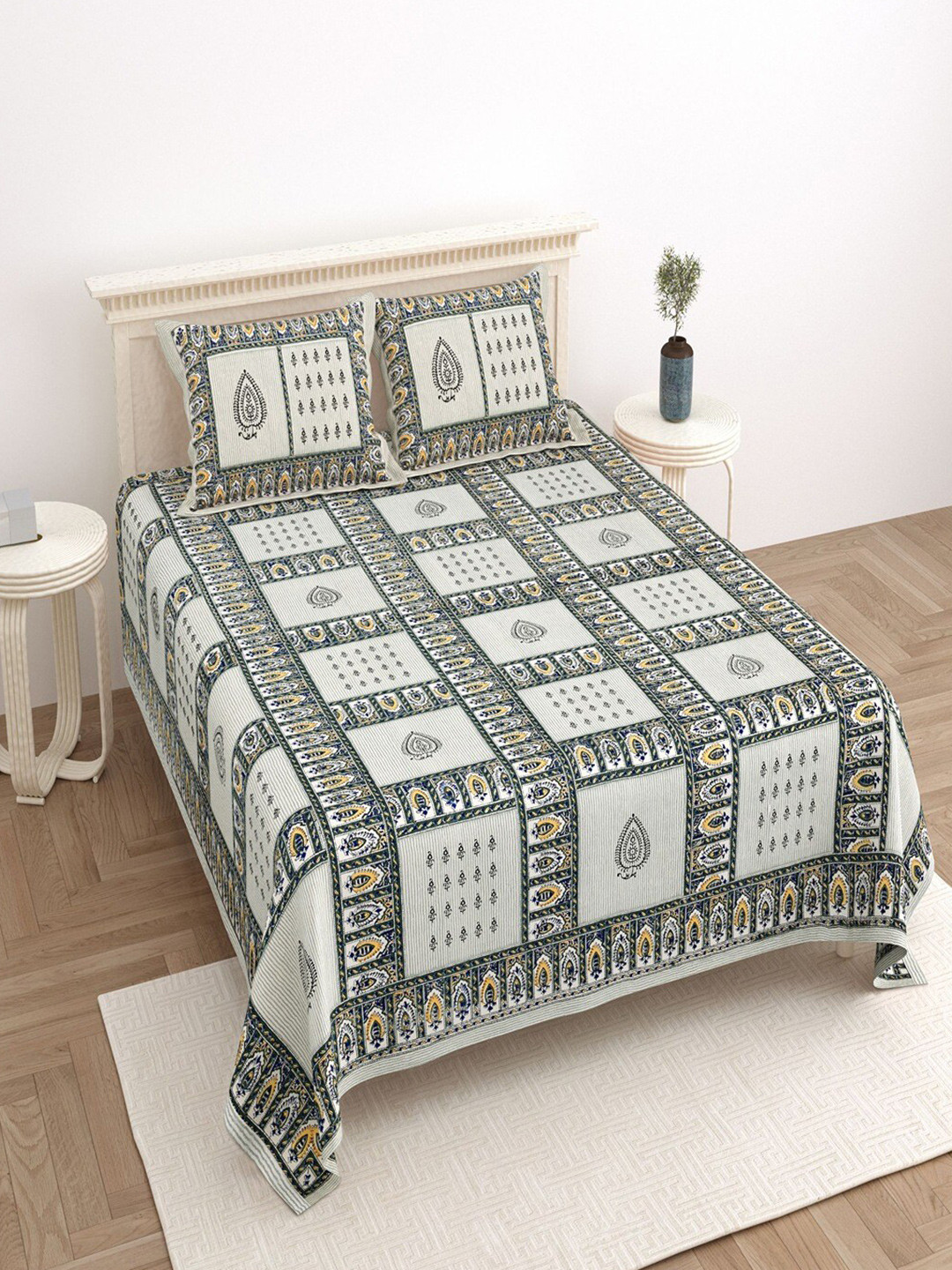 

Bombay Spreads White & Blue Ethnic Motifs Cotton 180 TC King Bedsheet with 2 Pillow Covers