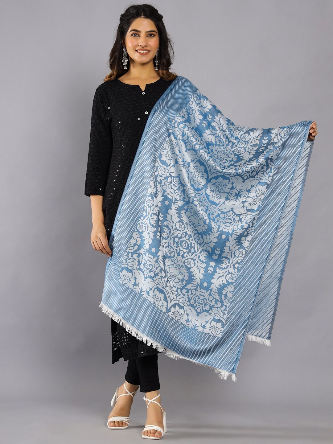 

HANDICRAFT PALACE Woven Design Wool Shawl, Blue