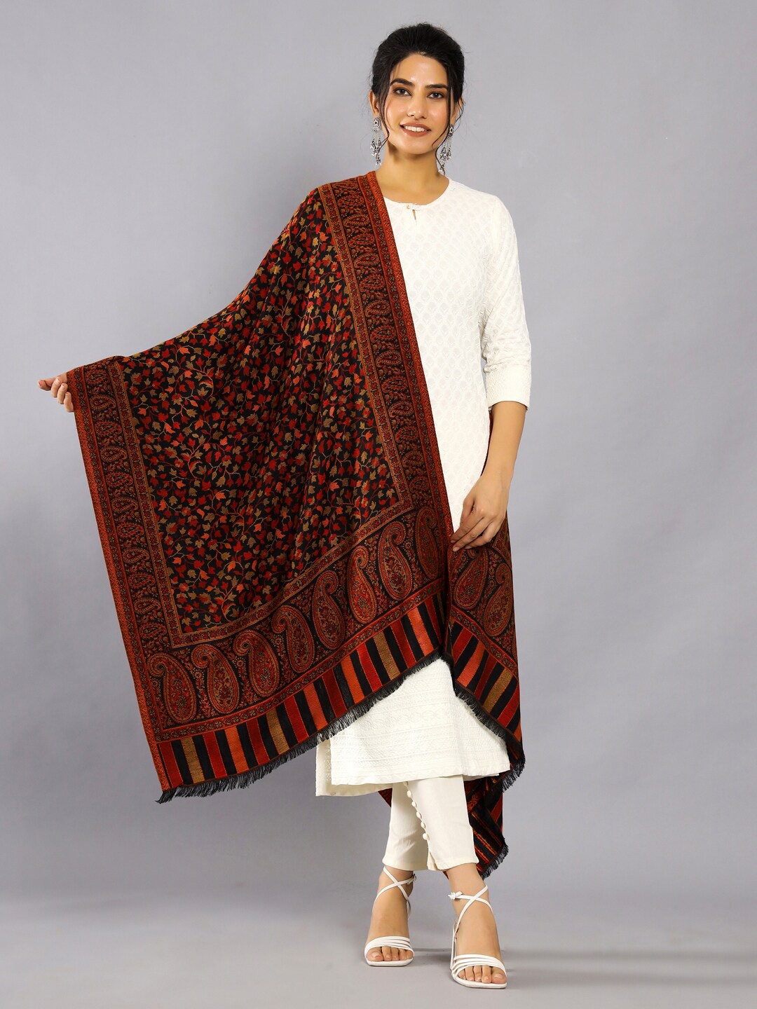 

HANDICRAFT PALACE Floral Woven Design shawl, Black