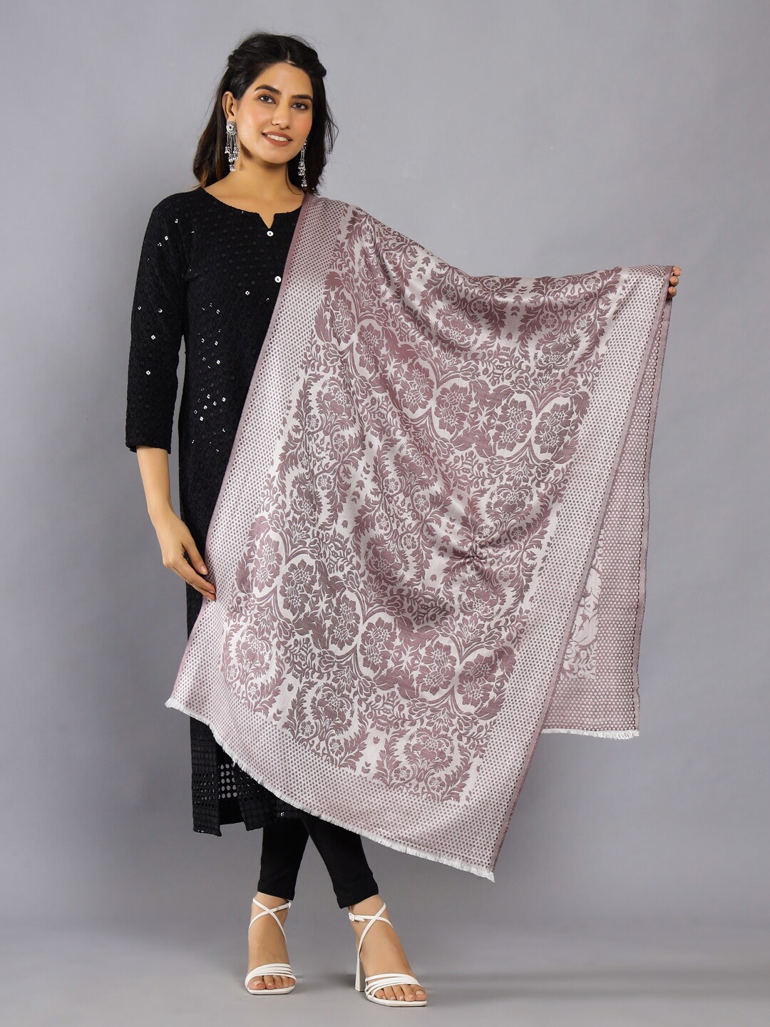 

HANDICRAFT PALACE Floral Woven Design Woollen shawl, Purple