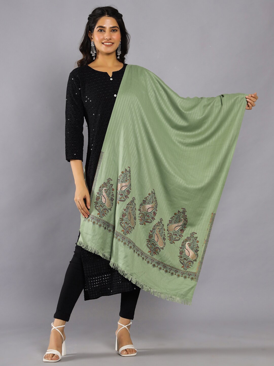 

HANDICRAFT PALACE Women Floral Woven Design shawl, Green