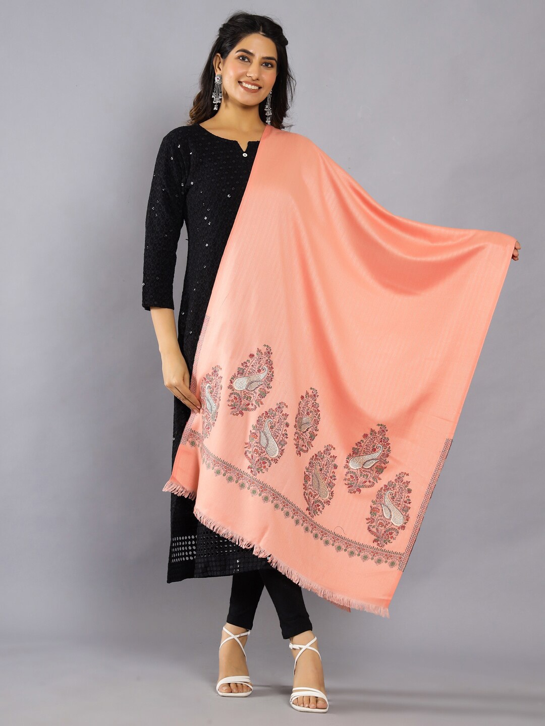 

HANDICRAFT PALACE Paisley Woven Design Wool Shawl, Peach