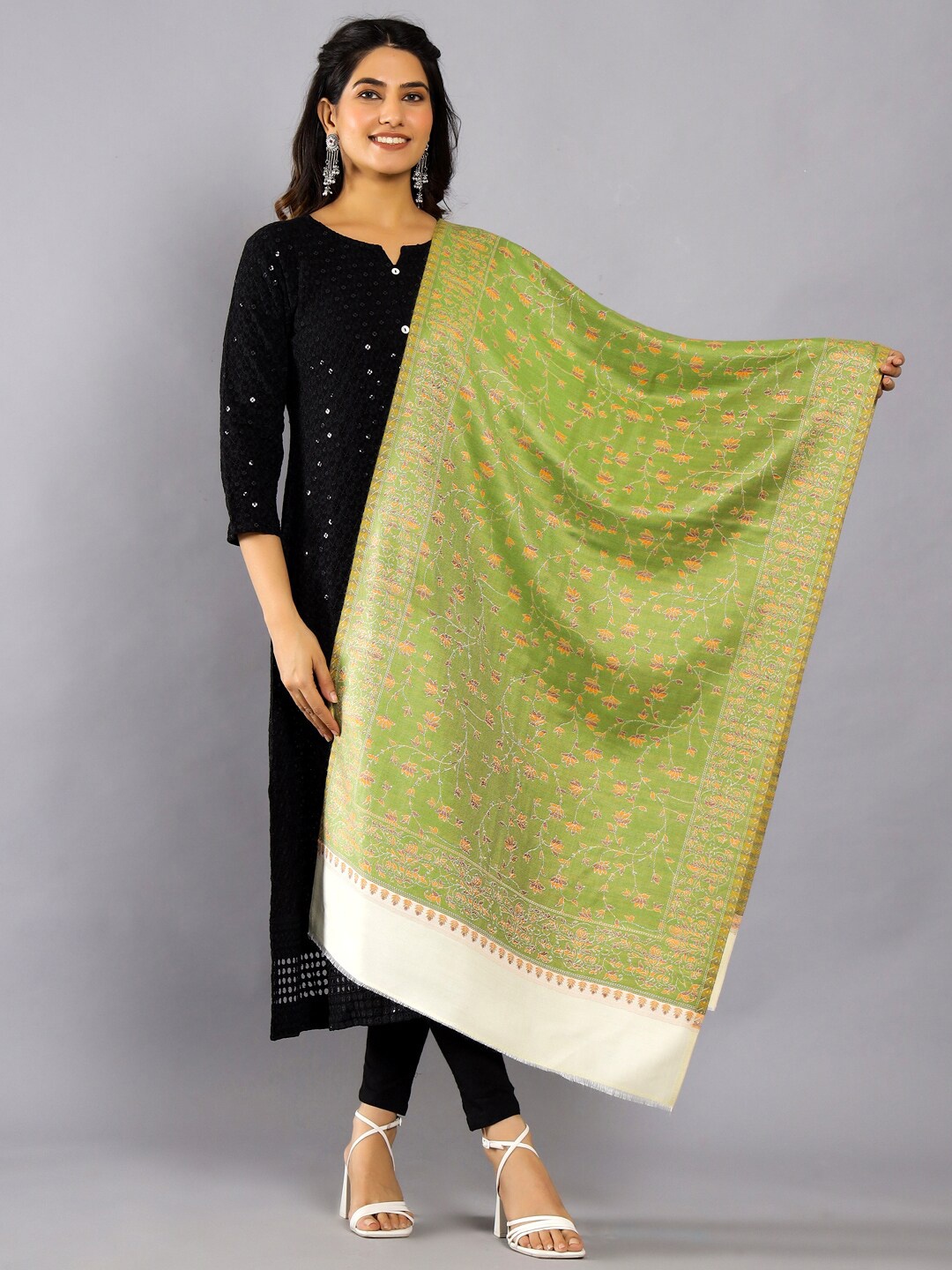 

HANDICRAFT PALACE Women Floral Woven Design Woollen Shawl, Green
